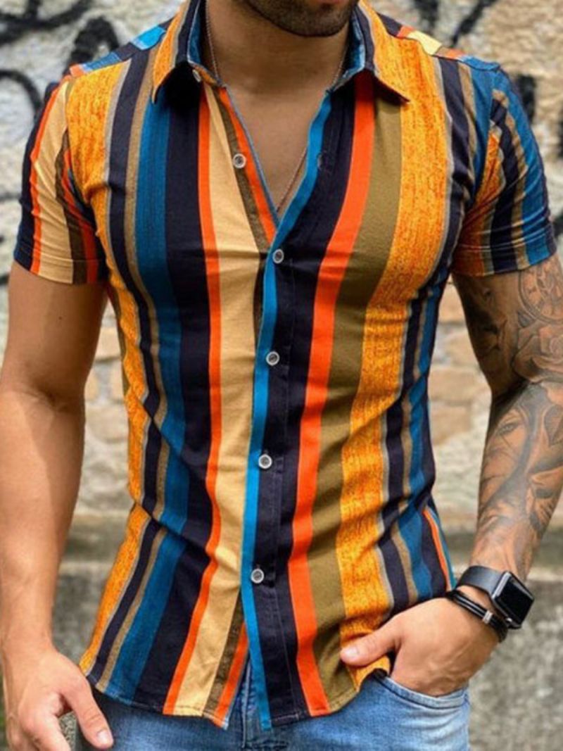 Casual Skjorta För Män Turndown Krage Chic Tryckta Orange Herrskjortor