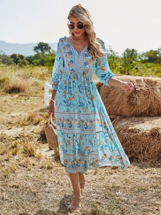 Boho-klänning För Kvinnor Med V-ringad Halvärm Blommig Tryckt Stretchig Veckad Maxi Strandklänning