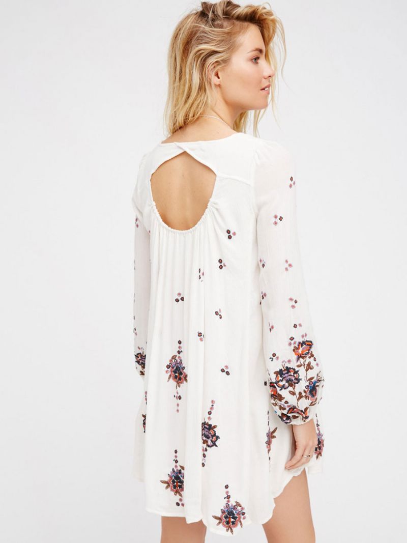 Boho Klänning Jewel Neck Långa Ärmar Broderad Bohemian Gypsy Beach Semester Vit Vår Sommar Kort Skift För Kvinnor - Vit