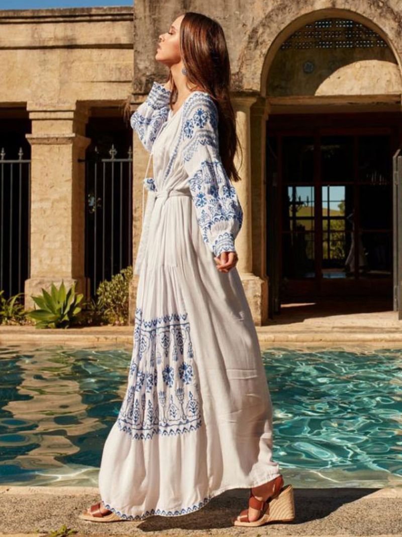 Boho Klänning V-ringad Långärmad Bohemian Gypsy Beach Semester Vit Vår Sommar Bältad Maxiklänning För Kvinnor - Vit