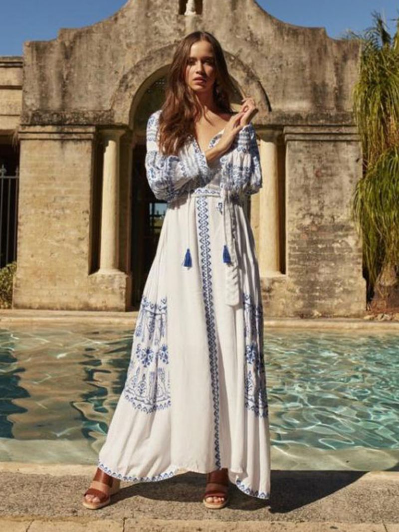 Boho Klänning V-ringad Långärmad Bohemian Gypsy Beach Semester Vit Vår Sommar Bältad Maxiklänning För Kvinnor - Vit