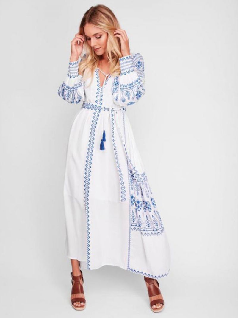 Boho Klänning V-ringad Långärmad Bohemian Gypsy Beach Semester Vit Vår Sommar Bältad Maxiklänning För Kvinnor - Vit