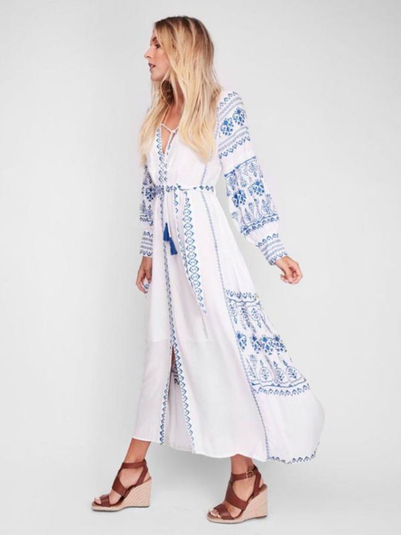 Boho Klänning V-ringad Långärmad Bohemian Gypsy Beach Semester Vit Vår Sommar Bältad Maxiklänning För Kvinnor - Vit