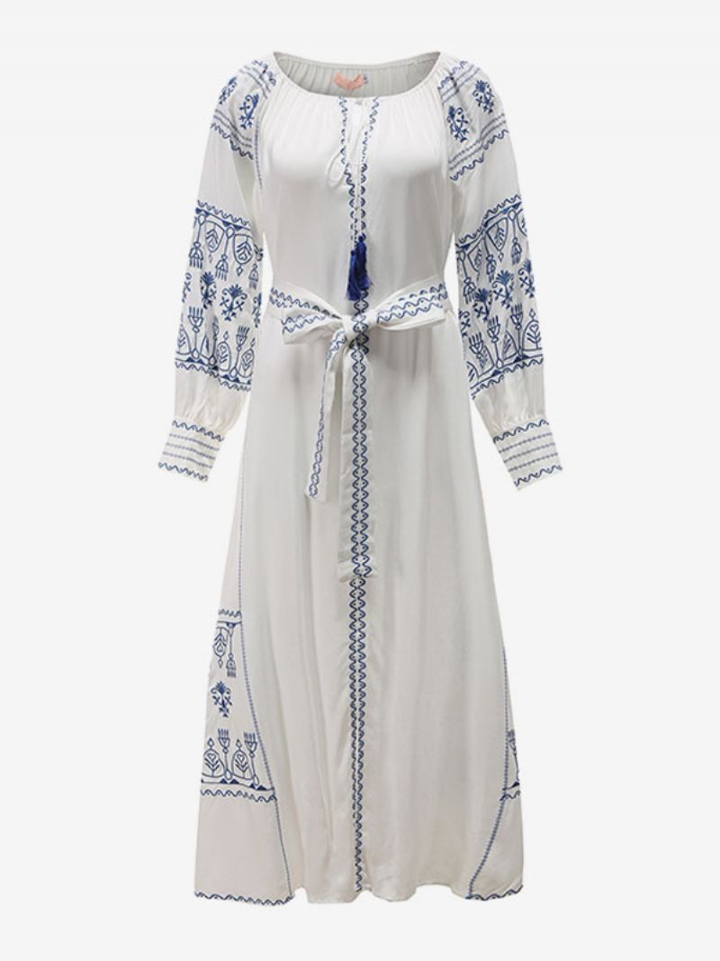 Boho Klänning V-ringad Långärmad Bohemian Gypsy Beach Semester Vit Vår Sommar Bältad Maxiklänning För Kvinnor - Vit