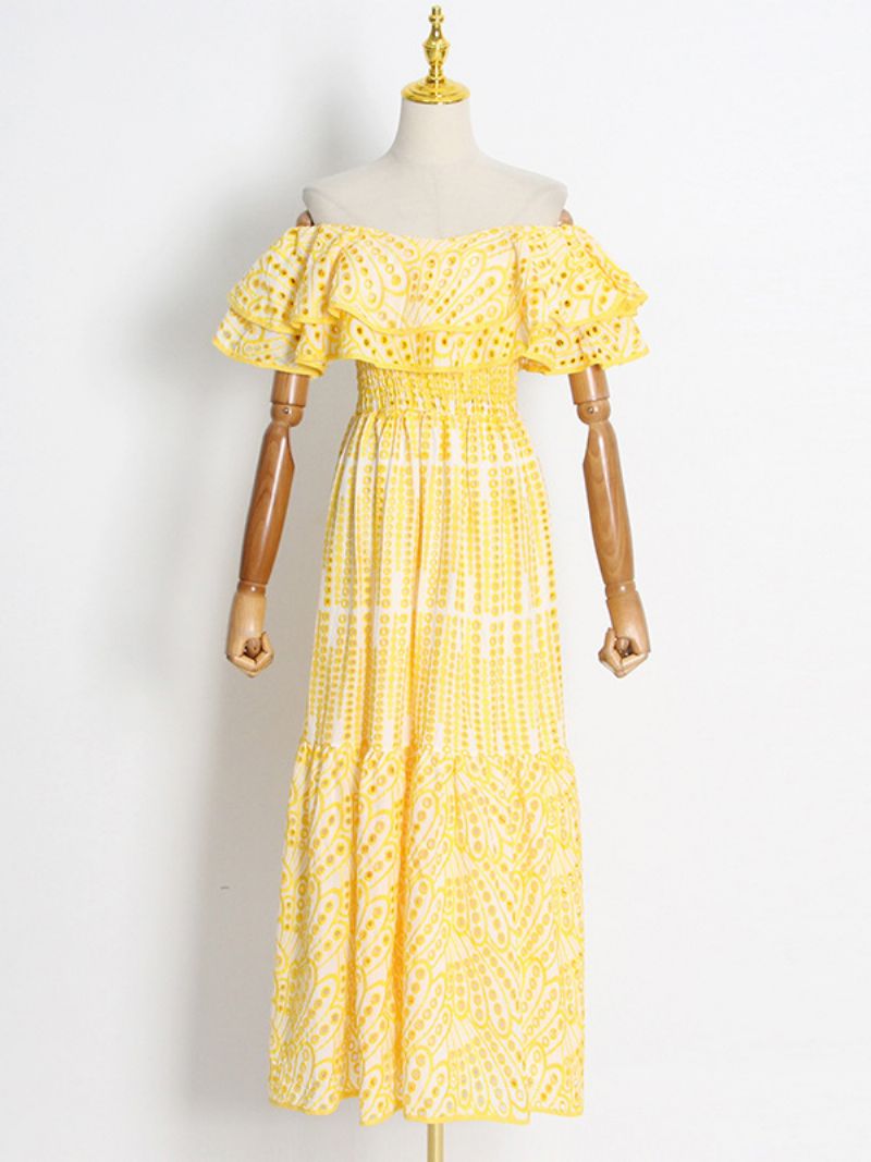 Kvinnors Boho Klänning Axelbandslös Bateau Neck Ärmlös Lace Sommarklänning - Gul