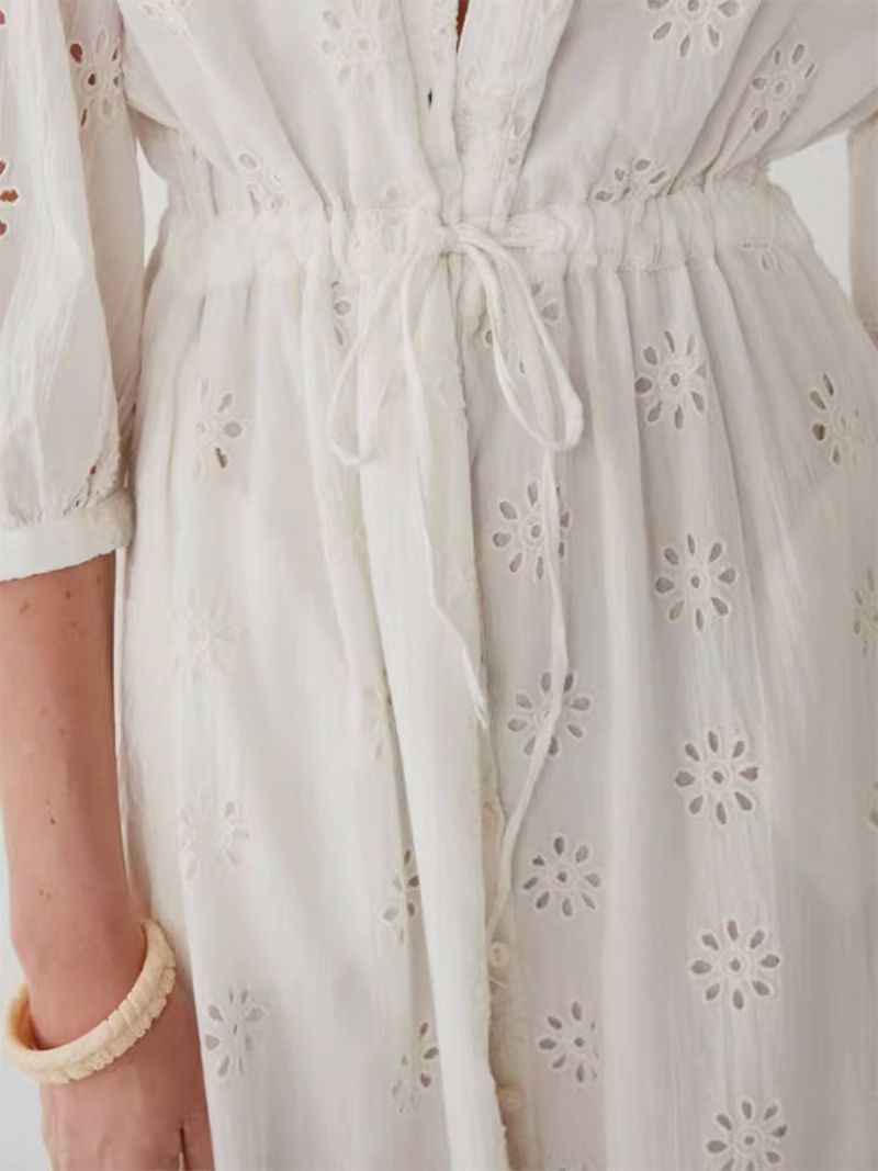 Kvinnors Vita Eleganta Boho-klänning Bottom Up Bältade Ihåliga Sommarklänningar - Beige