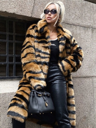 Faux Fur Coat Tiger Print Vinter Midi Ytterkläder För Kvinnor