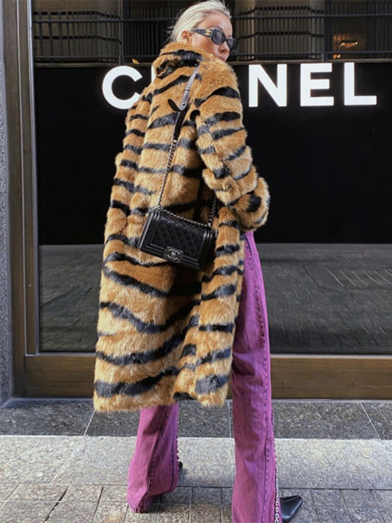 Faux Fur Coat Tiger Print Vinter Midi Ytterkläder För Kvinnor - Kaffe Brun