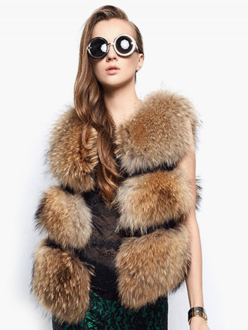 Faux Fur Vest Dam Camel Coat Ärmlös Fuskpälsjacka