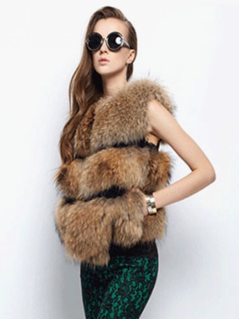 Faux Fur Vest Dam Camel Coat Ärmlös Fuskpälsjacka - Kamel