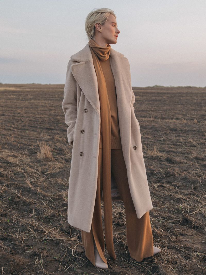 Fuskpälsrockar Bältade Dam Varma Vinter Ytterkläder - Beige