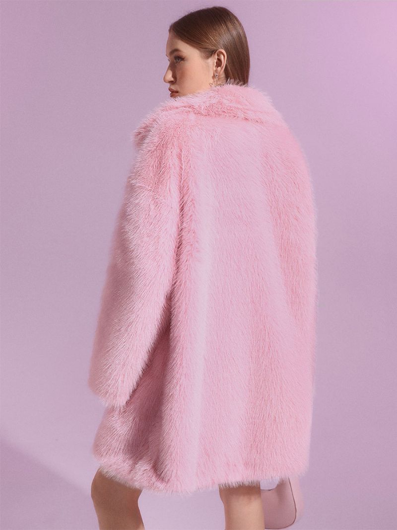Kvinnors Fuskpälsrockar Rosa Långärmade Oversized Vinter Ytterkläder Med Knapp Framtill - Rosa