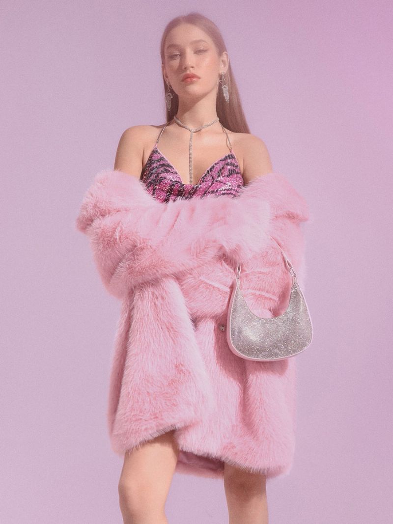 Kvinnors Fuskpälsrockar Rosa Långärmade Oversized Vinter Ytterkläder Med Knapp Framtill - Rosa