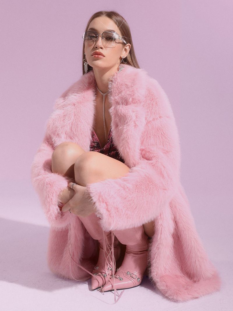 Kvinnors Fuskpälsrockar Rosa Långärmade Oversized Vinter Ytterkläder Med Knapp Framtill - Rosa