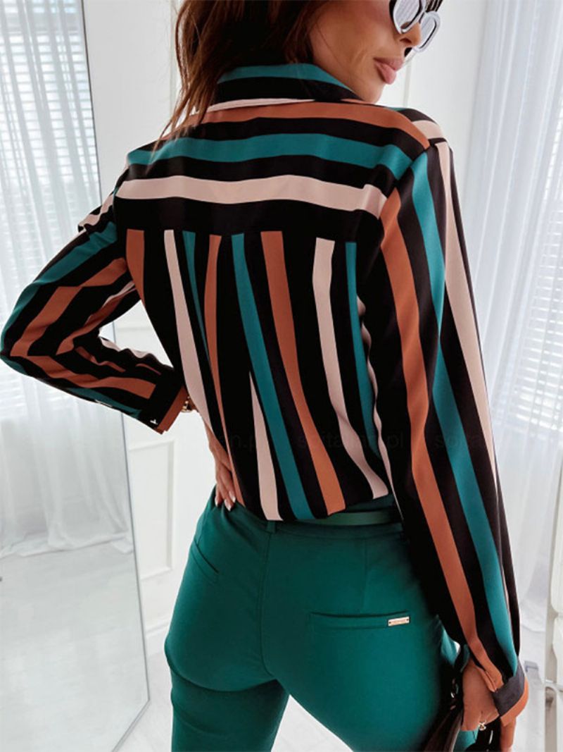 Blus För Kvinnor Mörkgrön V-ringad Casual Color Block Långärmade Toppar - Grön