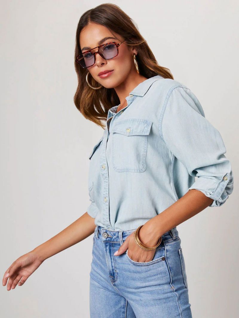 Denim Blus För Kvinnor Turndown Krage Flap Fickor Daily Tops - Ljus Himmelsblå
