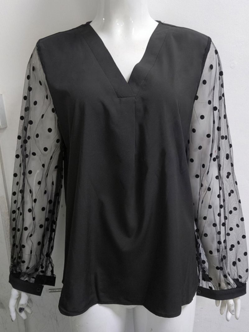Skjorta För Kvinnor Svart Polyester V-ringad Casual Polka Dot Långärmade Toppar - Svart