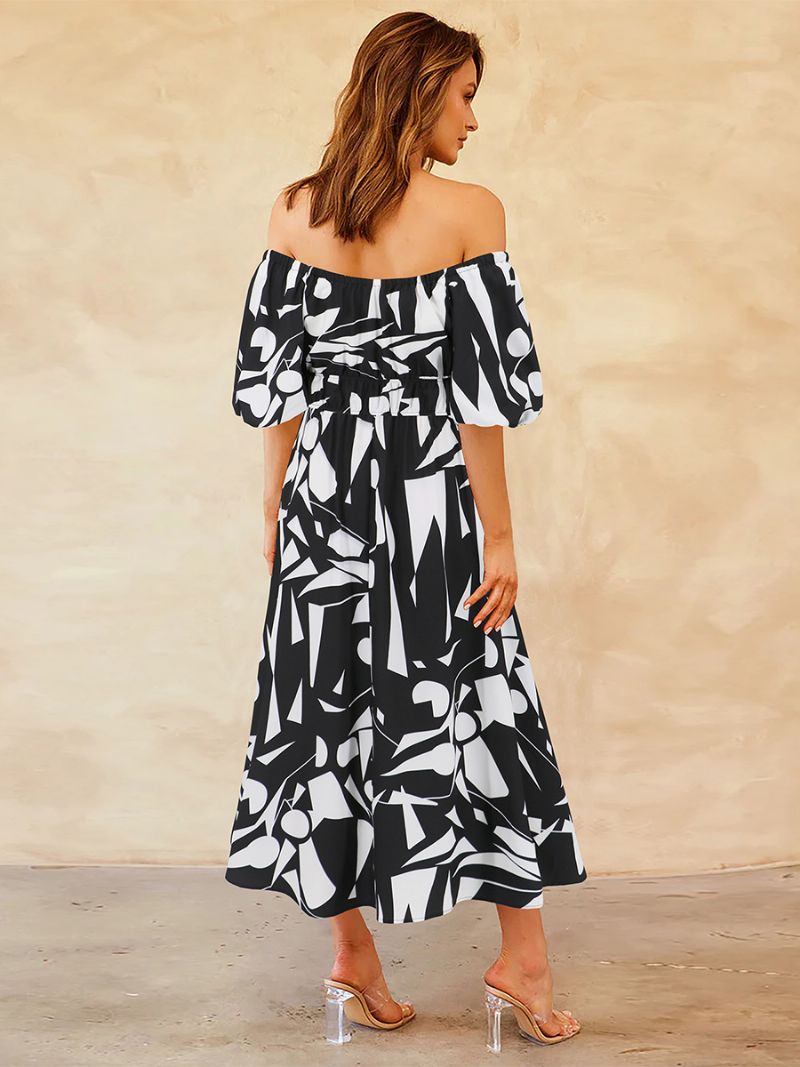 Blommig Klänning För Kvinnor Off The Shoulder Puffärmar Casual Sommar Midiklänningar - Svart