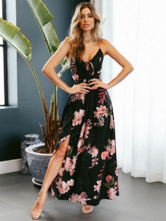 Blommig Maxi Kvinnor Klänning Spaghetti Straps Snörning Rygglös Split Sommarklänning Chiffong Slip Dress