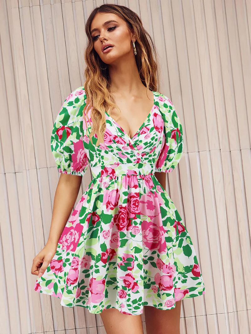 Kvinnors Blommiga Klänning V-hals Puffärmar Cutout Casual Sommar Korta Svängklänningar