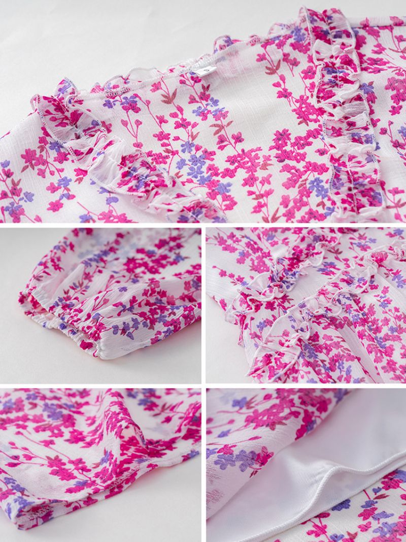 Kvinnors Tryckta Klänning V-hals Långa Ärmar Faux Wrap Eleganta Casual Maxiklänningar - Rose