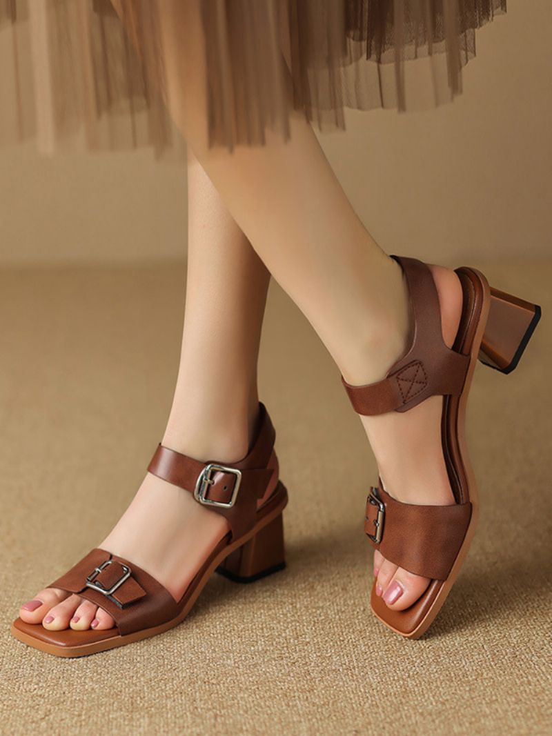 Gladiatorsandaler För Kvinnor Spänne Street Wear Pu-lädersandaler Fyrkantig Tå Chunky Heel Coffee Brown - Kaffe Brun