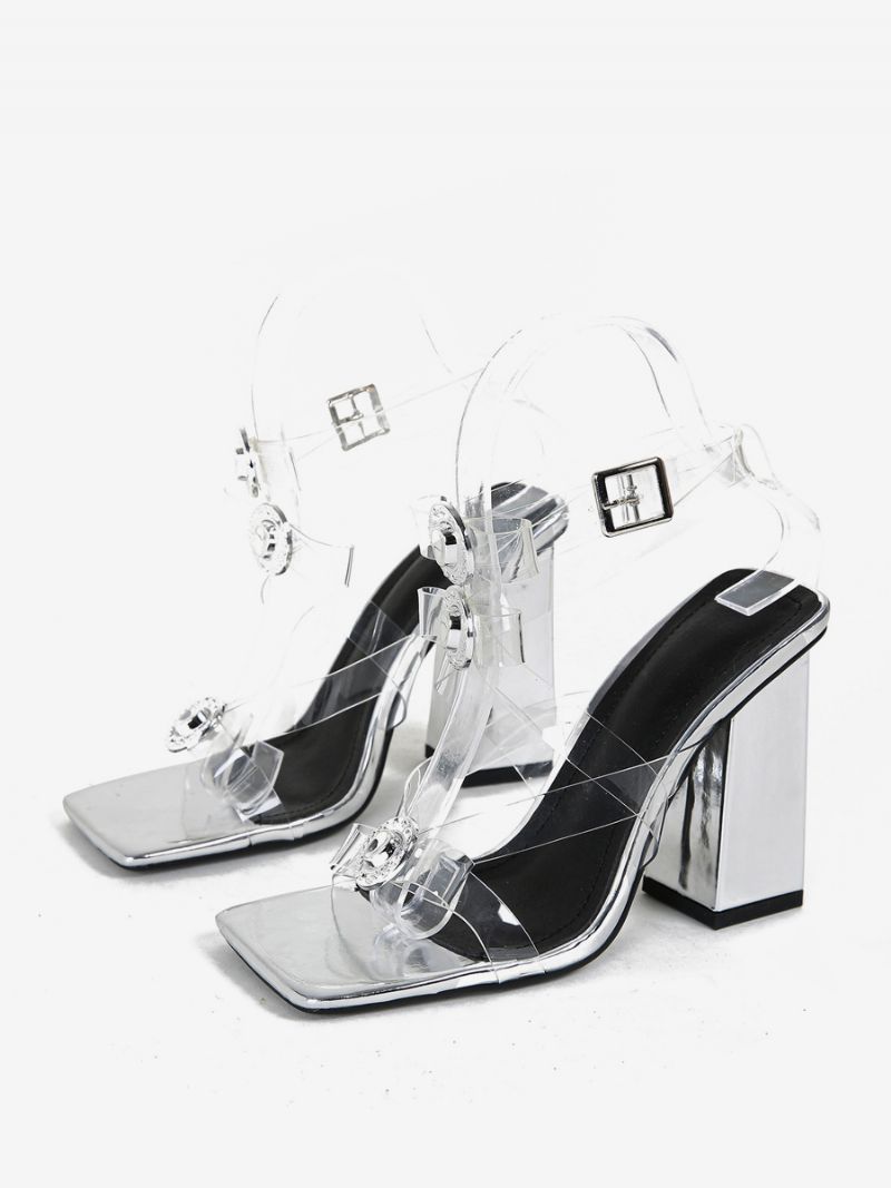 Klacksandaler För Damer Med Fyrkantig Tå Chunky Häl Pvc Övre Sandaler - Silver