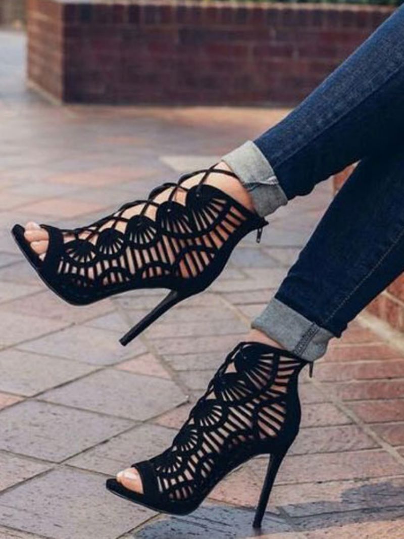 Kvinnors Svart Mocka Gladiator Sandaler Cut Out Spets Upp Stiletto Häl - Svart