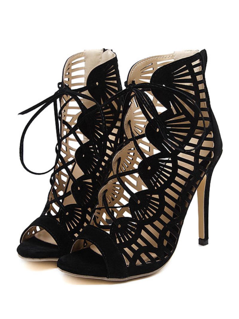 Kvinnors Svart Mocka Gladiator Sandaler Cut Out Spets Upp Stiletto Häl - Svart