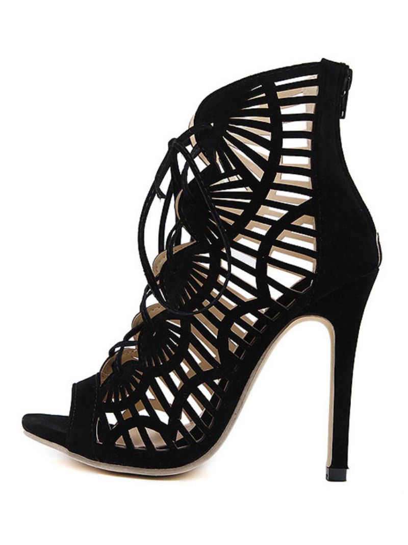 Kvinnors Svart Mocka Gladiator Sandaler Cut Out Spets Upp Stiletto Häl - Svart