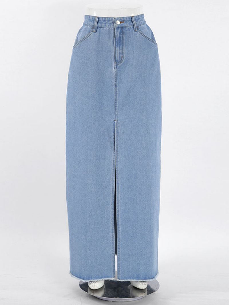 Kjol För Dam Blå Knappar Denim Lång Damunderdel - Blå