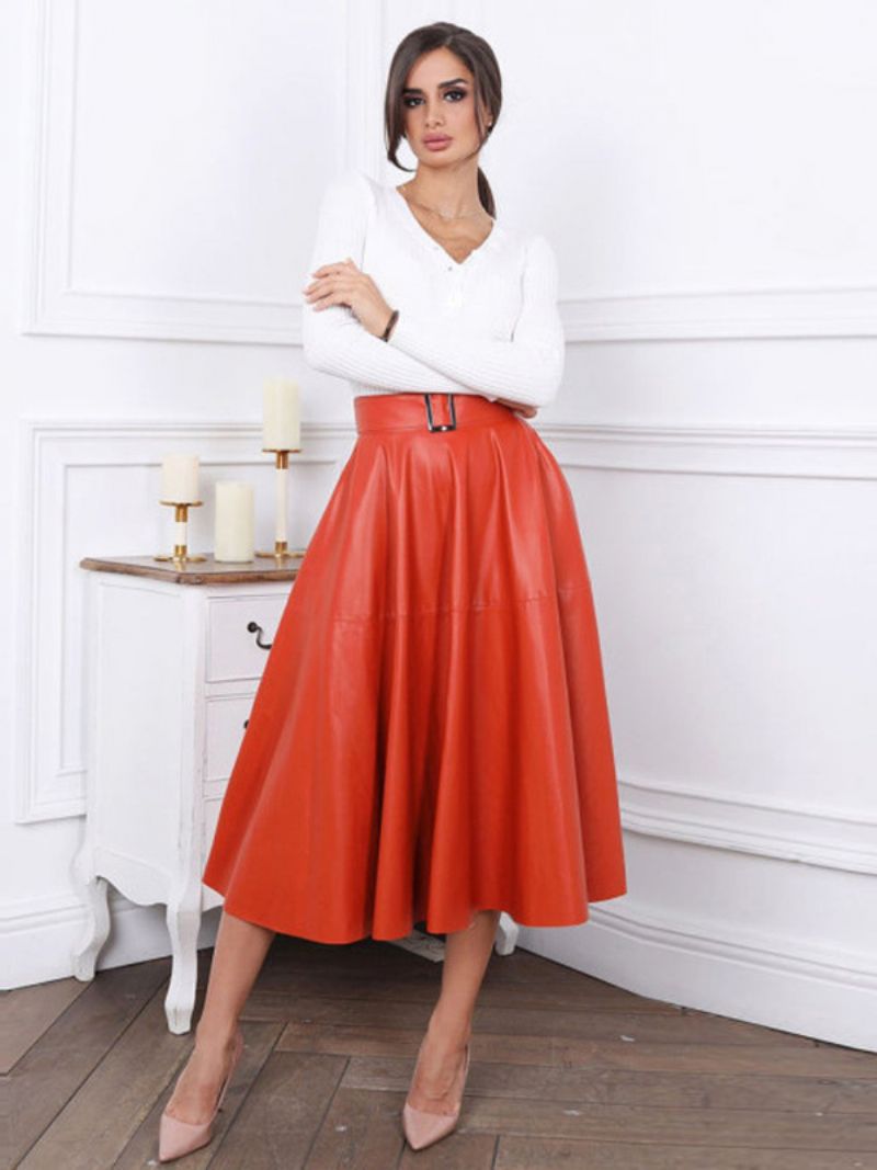 Kvinnors Pu-läderkjol Metalldetaljer Daglig Casual Overskirt - Orange Röd