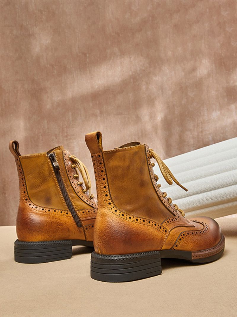 Herr Martin Brogue Business Casual Retro Kaffe Brun Kohud Rund Tå Korta Stövlar - Kaffe Brun