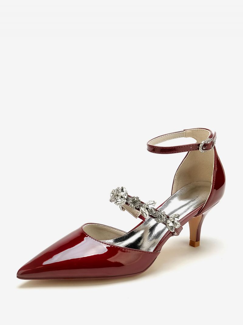 Bröllopsskor För Kvinnor Bridal Pumps Patent Pu Övre Spetsiga Tå Strass - Vinröd