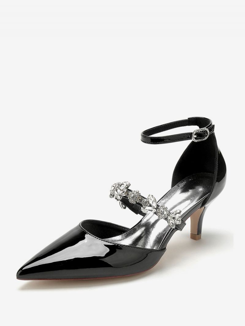 Bröllopsskor För Kvinnor Bridal Pumps Patent Pu Övre Spetsiga Tå Strass - Svart