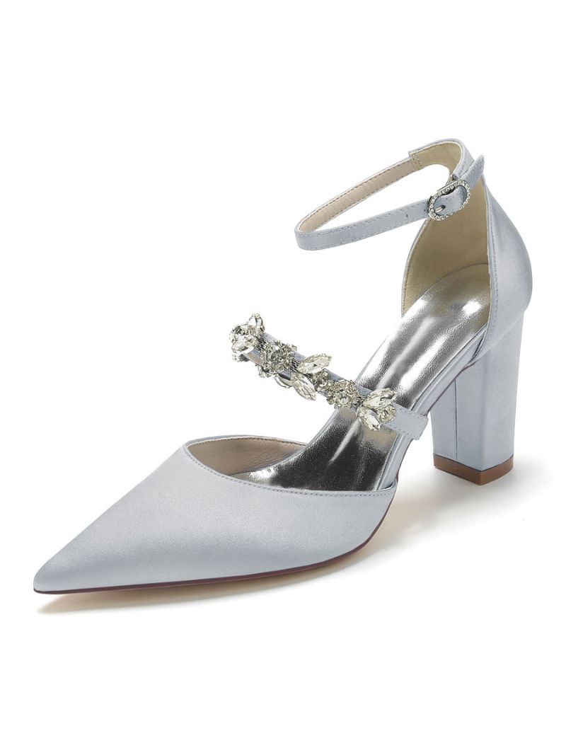 Bröllopsskor För Kvinnor Rhinestones Satin Spetsiga Tå Chunky Heel Brudskor - Silver