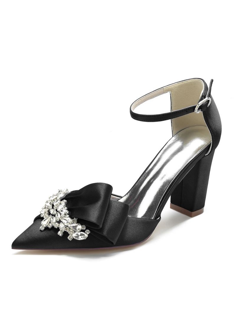 Bröllopsskor För Kvinnor Rhinestones Satin Spetsiga Tå Chunky Heel Brudskor - Svart