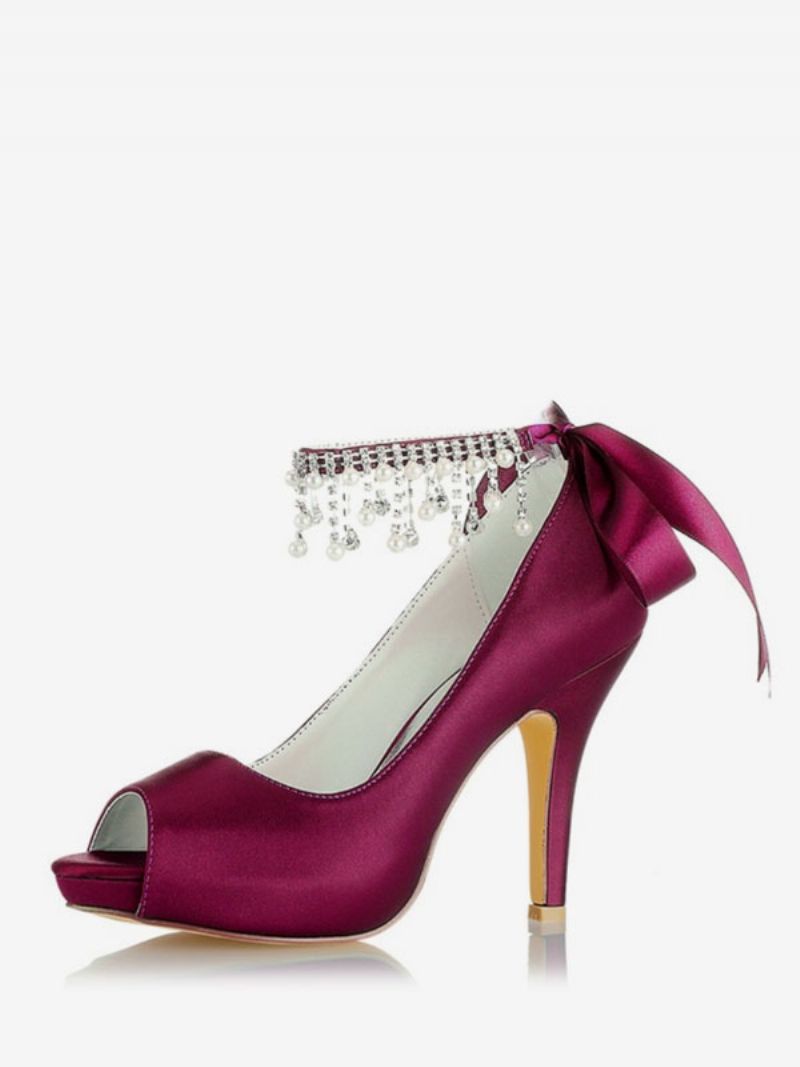 Bröllopsskor För Kvinnor Satin Burgundy Peep Toe Strass Chunky Heel Brudskor - Bourgogne