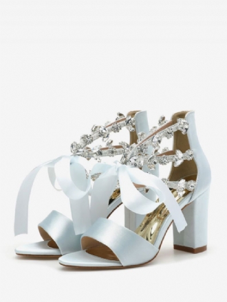 Bröllopsskor För Kvinnor Satin Ljus Himmelsblå Öppen Tå Strass Chunky Heel Brudskor