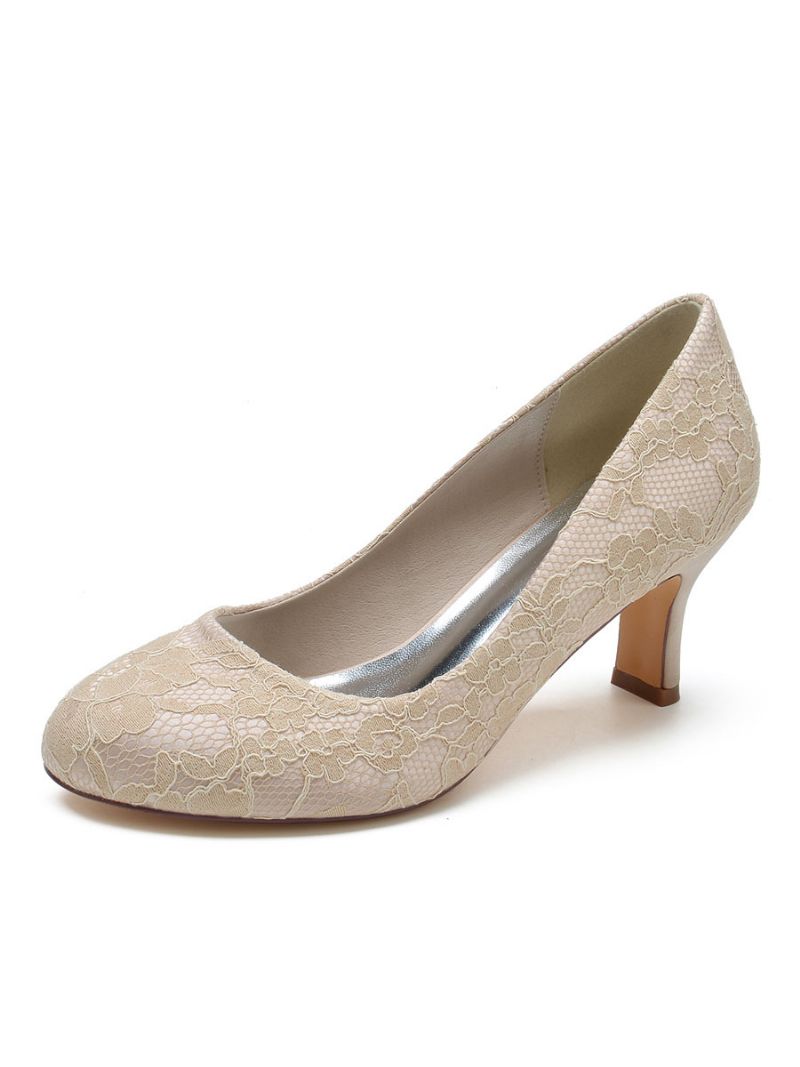 Bröllopsskor För Kvinnor Spets Rund Tå Chunky Heel Pumps - Champagne