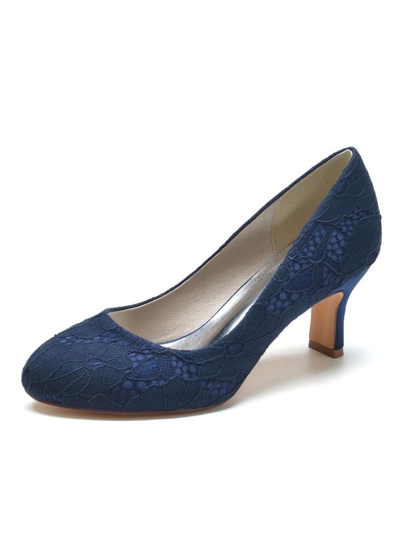 Bröllopsskor För Kvinnor Spets Rund Tå Chunky Heel Pumps - Djupblå