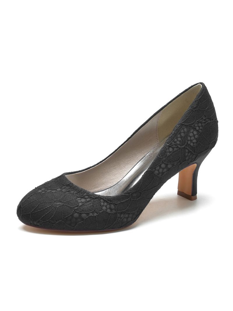 Bröllopsskor För Kvinnor Spets Rund Tå Chunky Heel Pumps - Svart