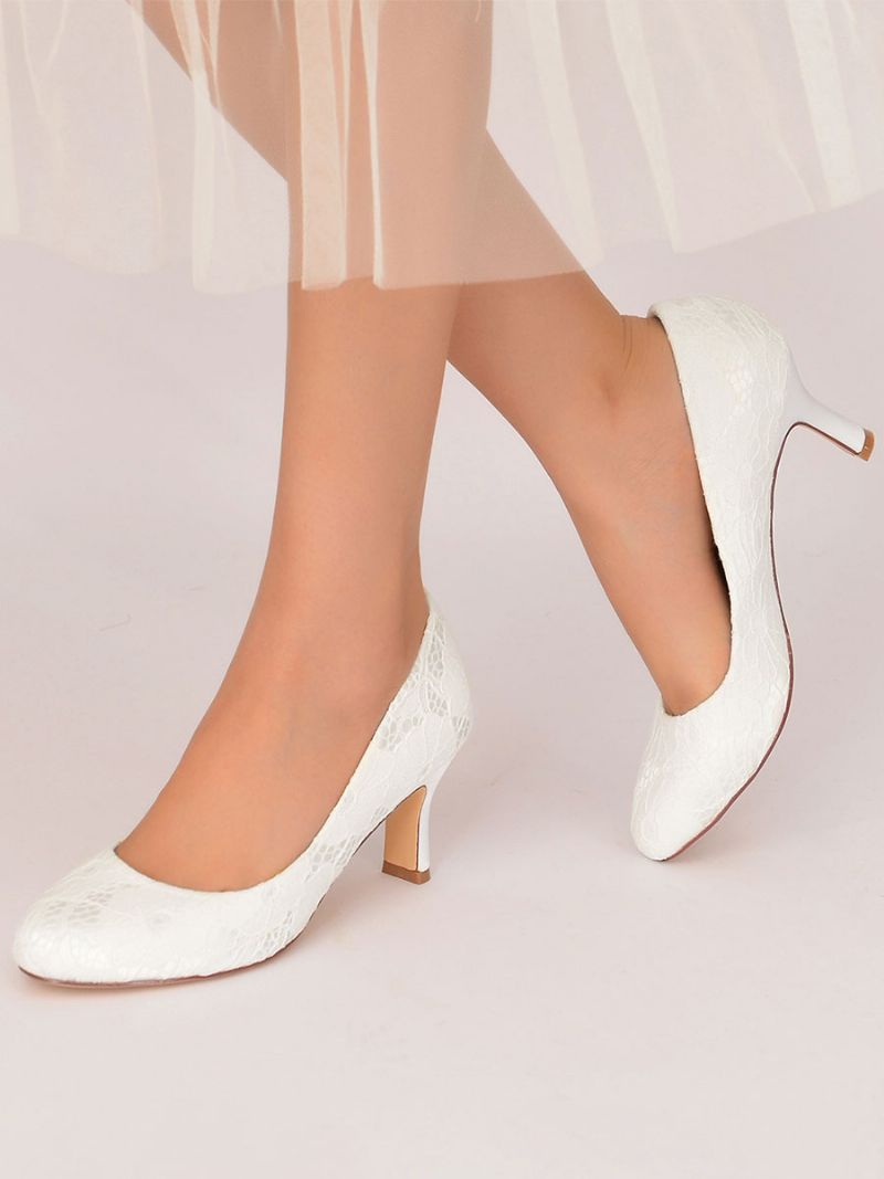 Bröllopsskor För Kvinnor Spets Rund Tå Chunky Heel Pumps - Vit