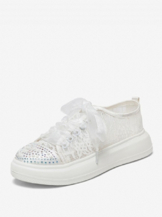 Bröllopsskor Med Spetsar För Kvinnor Rhinestones Rund Tå Snörning Brudkläder