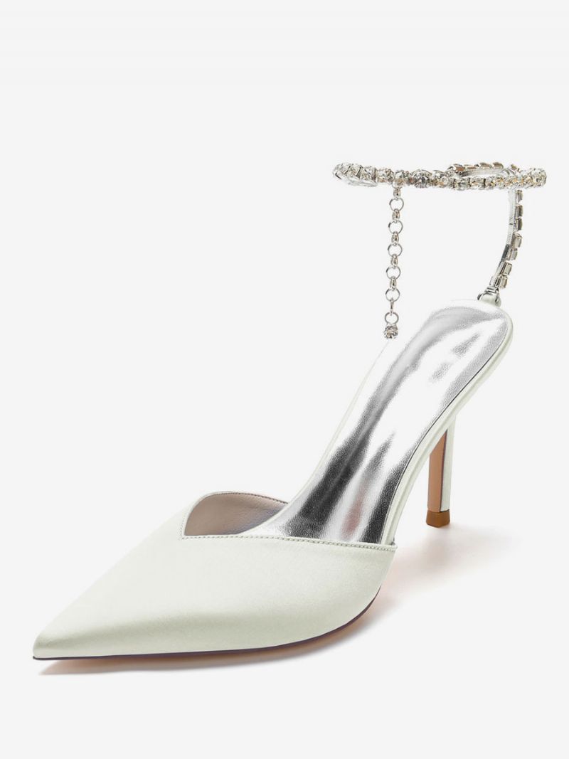 Dam Rhinestones Ankel Strap Stiletto Heel Bridal Pumps I Satin - Elfenben