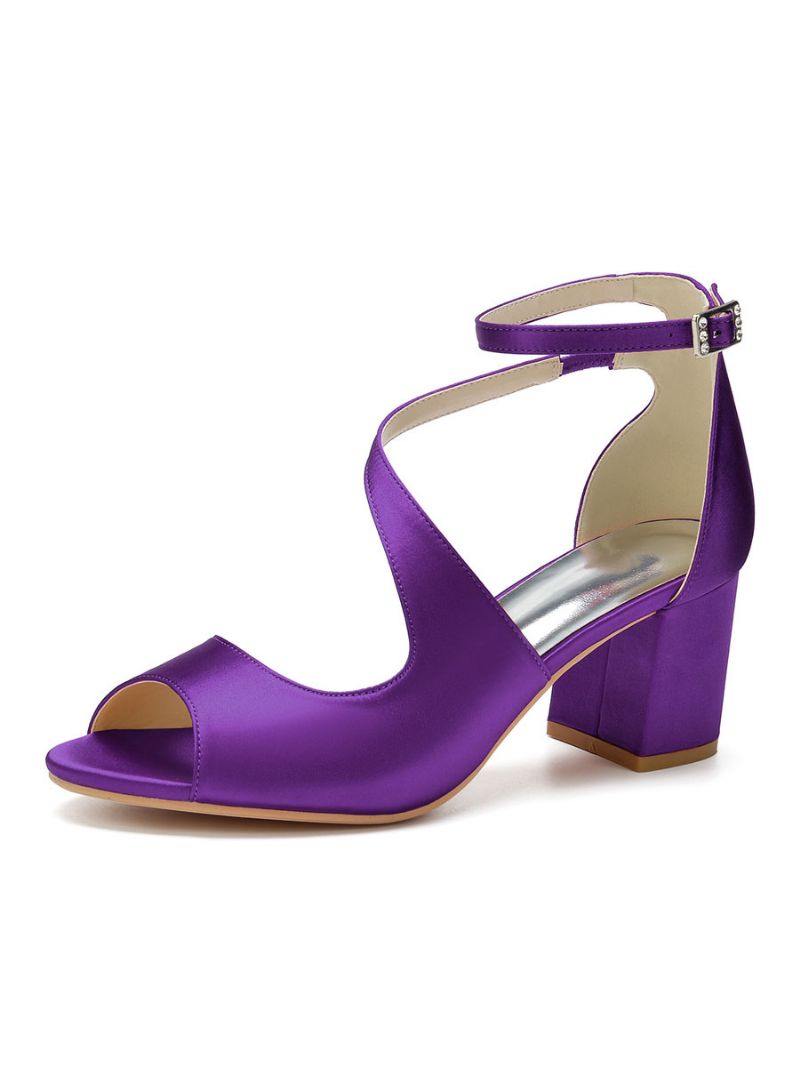 Kvinnor Satin Block Heel Ankel Strap Bröllopssandaler - Djup Lila