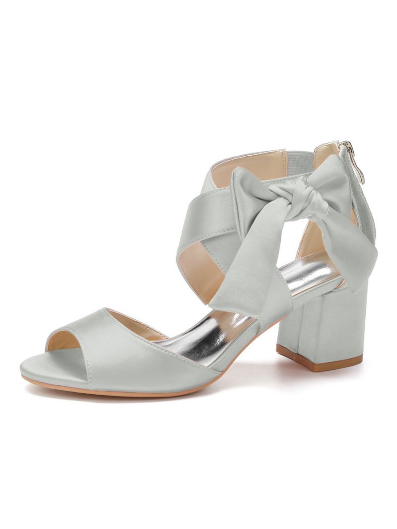 Kvinnors Satin Rosett Brudsandaler Låg Klack - Silver