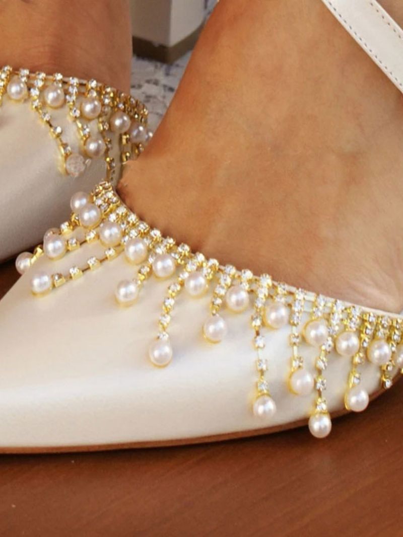 Kvinnors Vita Bröllopsskor Pu-läder Spetsad Tå Pärlor Bridal Pumps - Vit