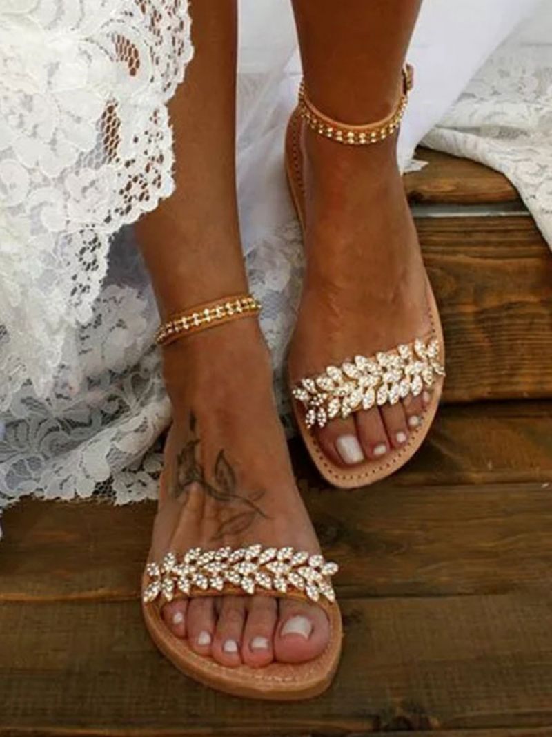 Platt Ankelrem För Kvinnor Rhinestone Boho Brudskor - Kaffe Brun