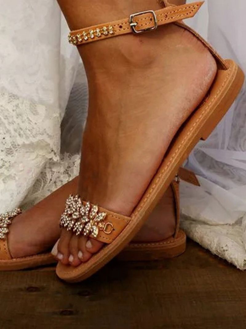 Platt Ankelrem För Kvinnor Rhinestone Boho Brudskor - Kaffe Brun